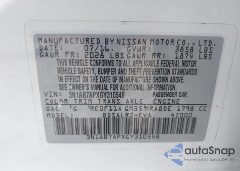 2016 Nissan Sentra Sr from USA, damaged, VIN 3N1AB7APXGY310548